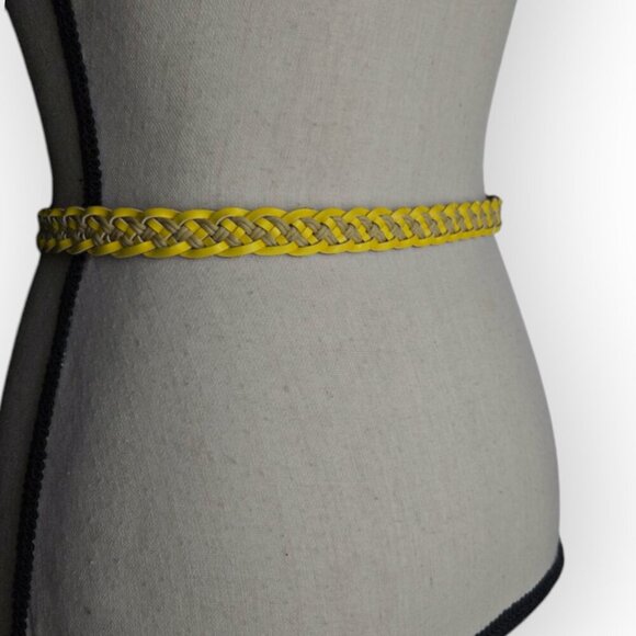 J. Crew Mustard Yellow & Tan Leather a Straw Antique Gold Buckle Skinny Belt S/M - Picture 6 of 6